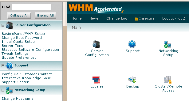 The WHM home screen offers up a list of commonly used functions. 