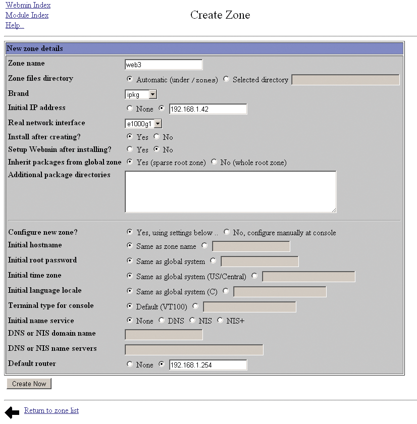 The Webmin Create Zone configuration page. 