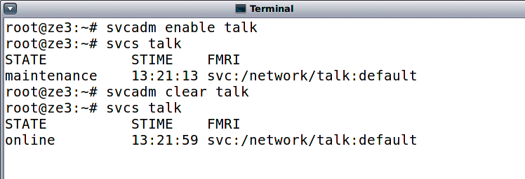 Enabling the talk service with svcadm. 