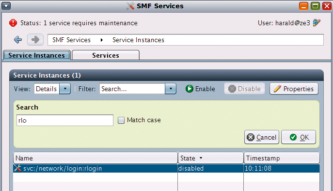 vp-services status query details. A mouse click selects the required line, following which, more services can be called (depending on the status, Enable, Disable, Properties). 