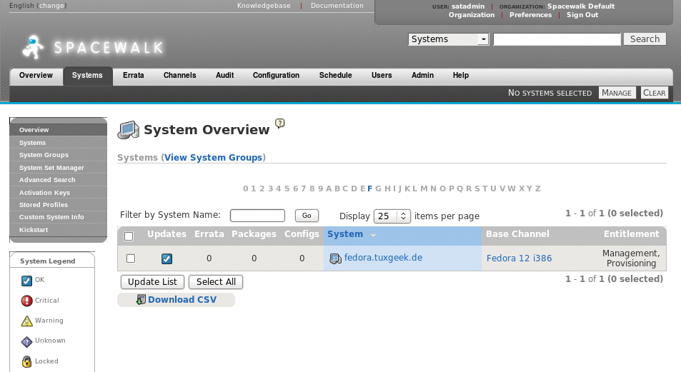 After completing the registration, the system appears in the Spacewalk server's web interface. 
