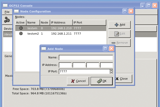 Cluster configuration with the ocfs2console GUI tool. 