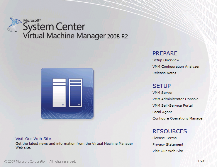 The Virtual Machine Manager startup screen shows a selection of the components to install. 