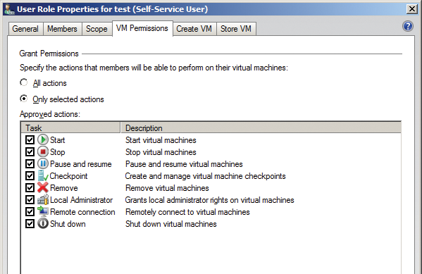 Privileges in the self-service portal: The Web Admins user group is allowed to manage its own virtual machines. 