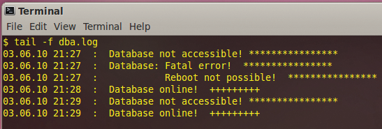 After starting, the script outputs the log at the console: availability, error, restart, database running. 