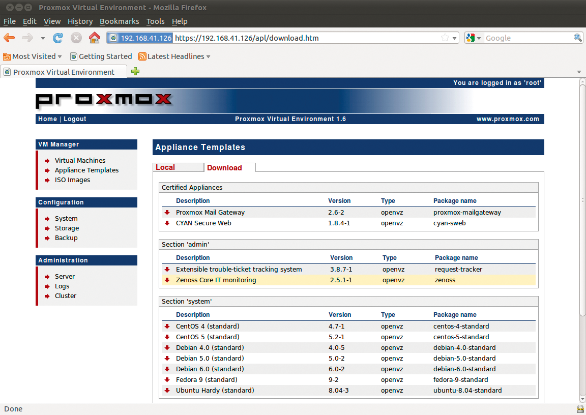 Proxmox offers pre-built OpenVZ templates in the GUI. 