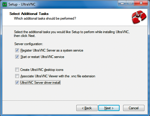 While installing the server, the administrator decides whether to install UltraVNC as a program or a service. 