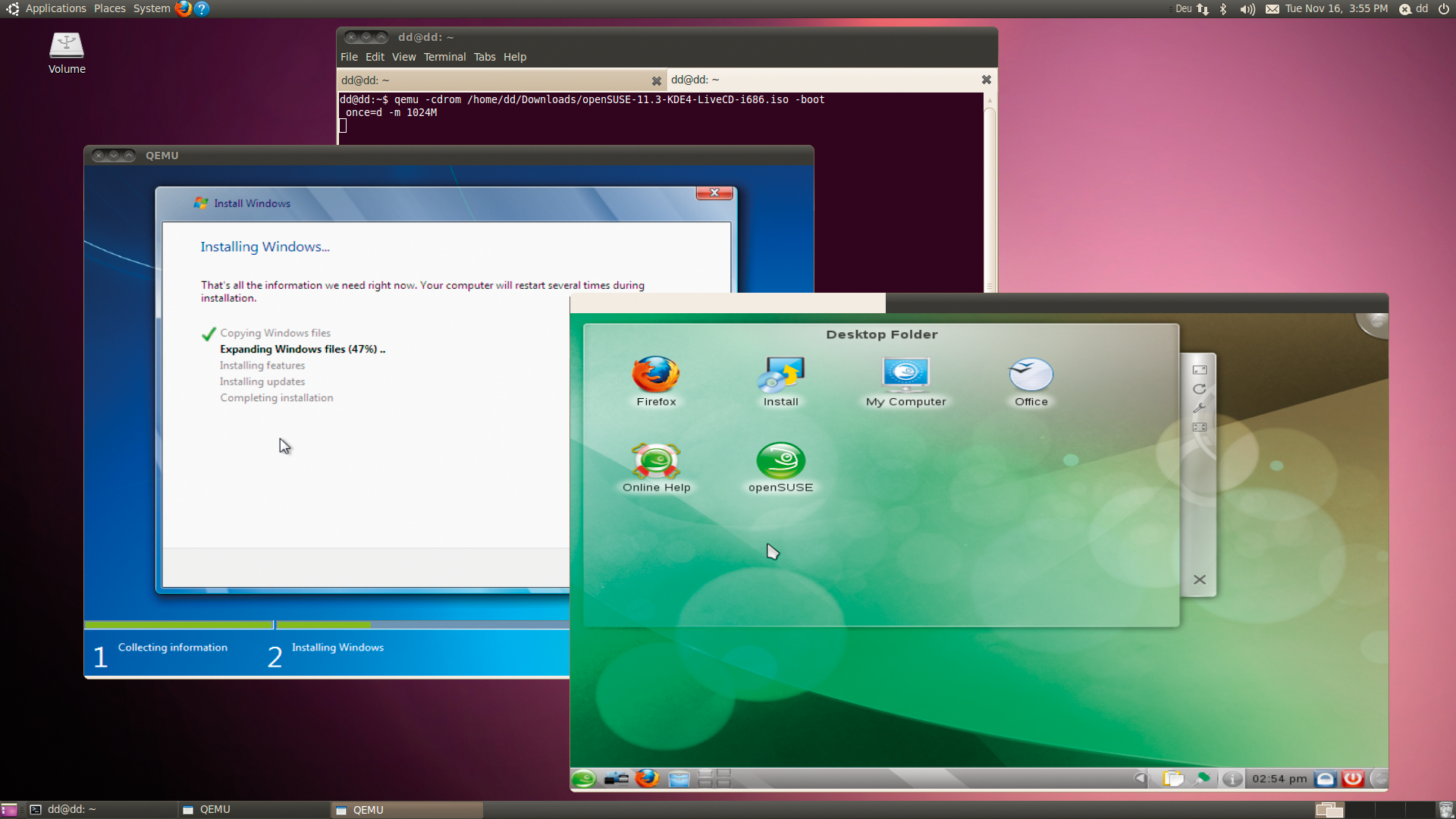 Thanks to KVM, Windows 7 and openSUSE 11.3 will run peacefully side by side on Ubuntu 10.04 . 