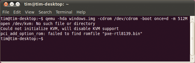Qemu was unable to access the KVM services here. You can normally ignore the message about the missing romfile because it relates to booting off the network. 