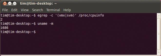 Testing to see whether a computer can run KVM and Qemu. The CPU supports the advanced instruction set (2), but the 32-bit Ubuntu (i686) can only run 32-bit systems. 