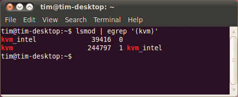 As the lsmod command shows, both KVM kernel modules (kvm and kvm_intel) have loaded correctly. 