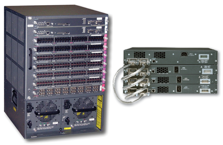 Comparison: A chassis switch on the left and a stack of multiple switches on the right (Source: Cisco). 