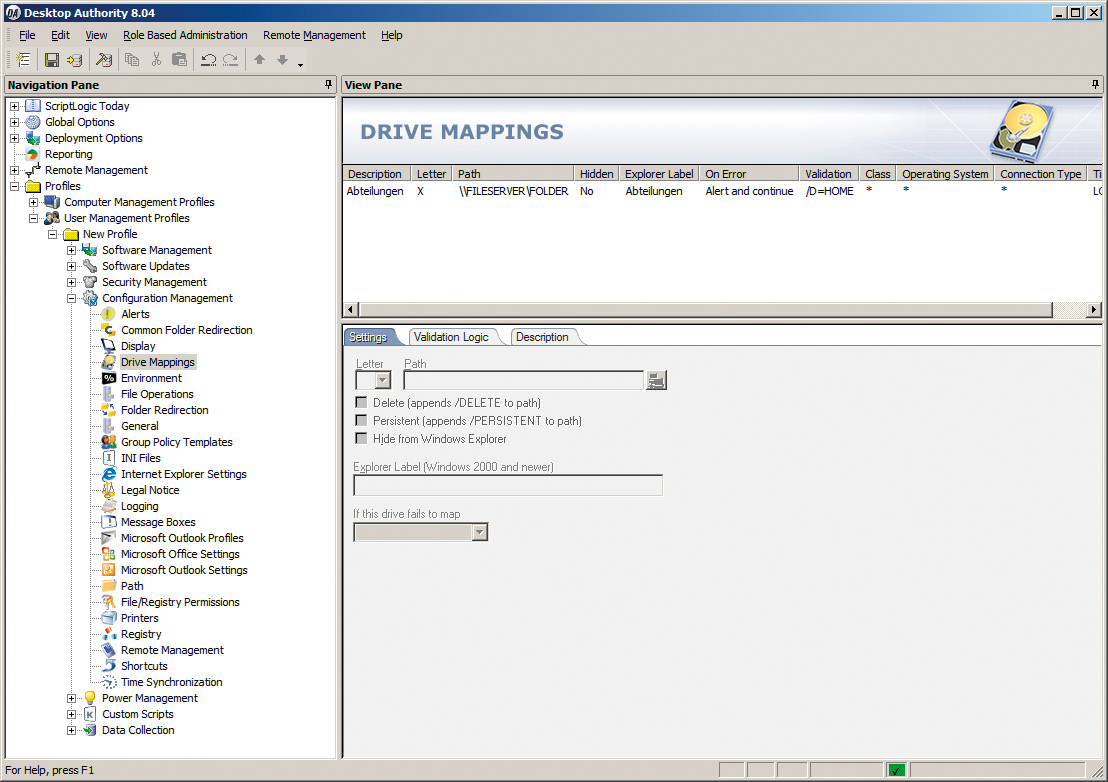 The Desktop Authority Manager window in a typical Windows layout with the navigation tree on the left and the details in the main panel. 