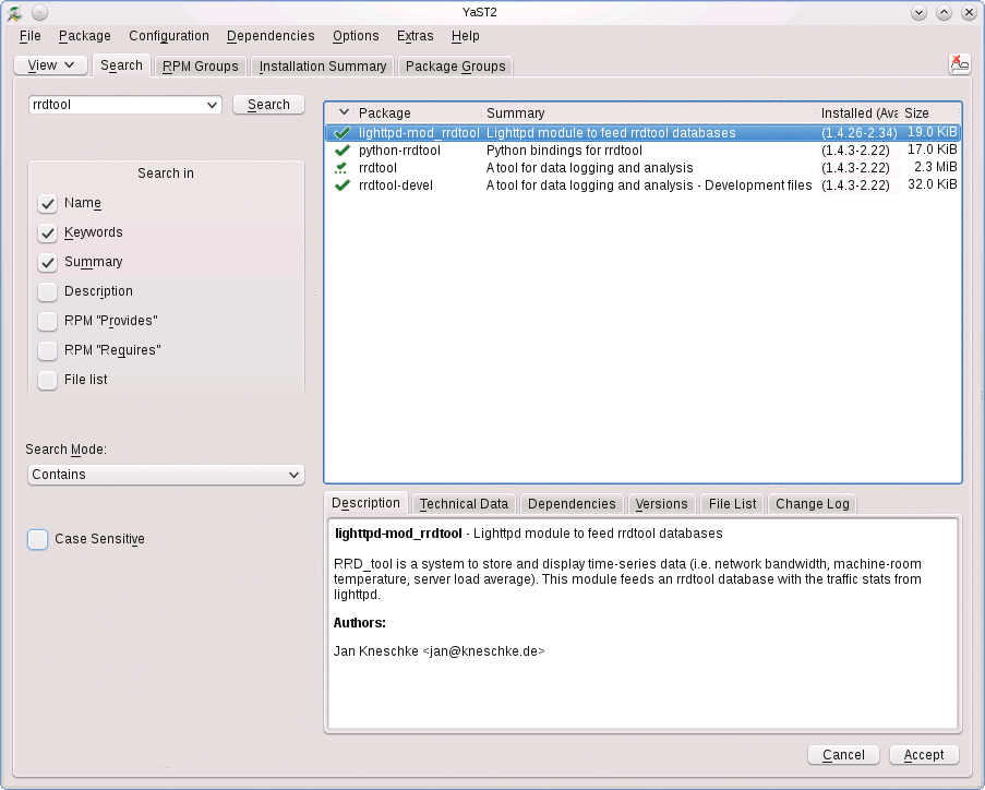The RRDtool can be installed using YaST on openSUSE. 