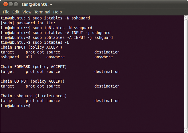 In Ubuntu, you can add a chain for sshguard to insert its own rules. 