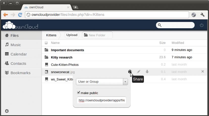 ownCloud users can upload and download files in the web interface, as well as share files with individual users or the public. 