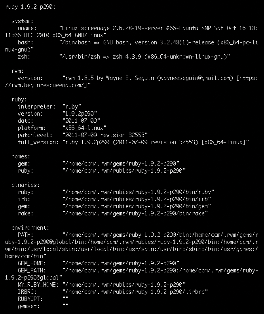 rvm info output after changing to the installed version 1.9.2 of MRI. 