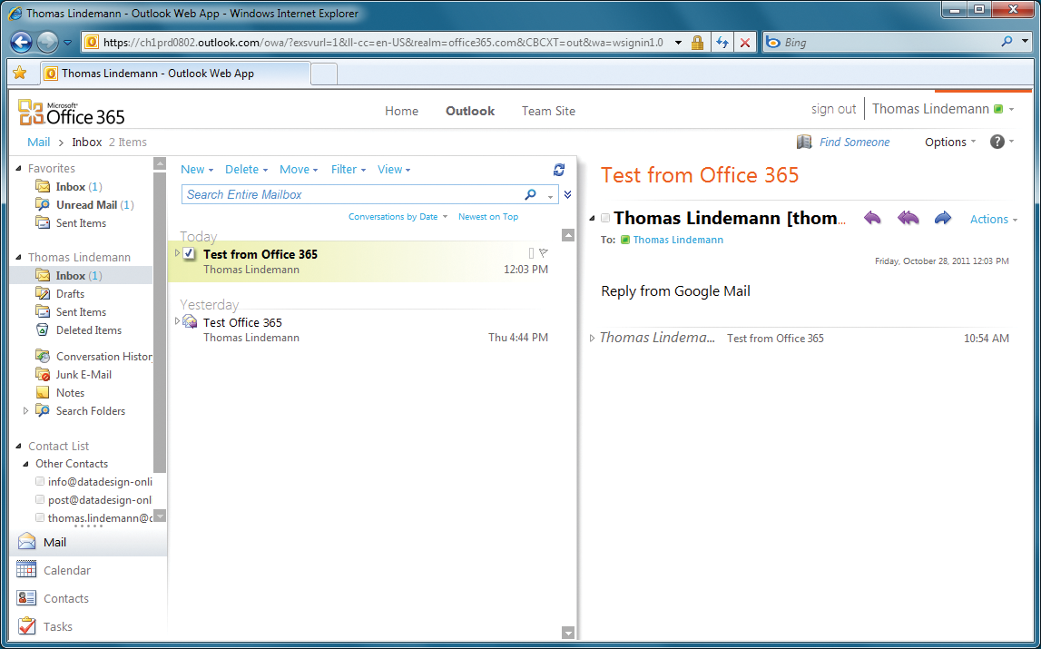 Working in a familiar environment: the Outlook Web App in Office 365. 