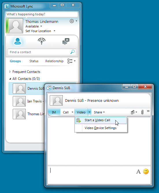 Real-time communication with Windows Live contacts in Lync. 