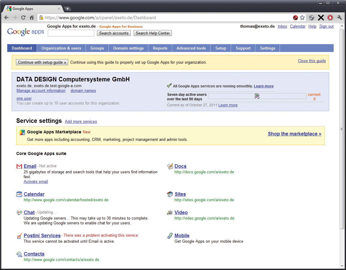 The dashboard in the Google Apps administration section. 