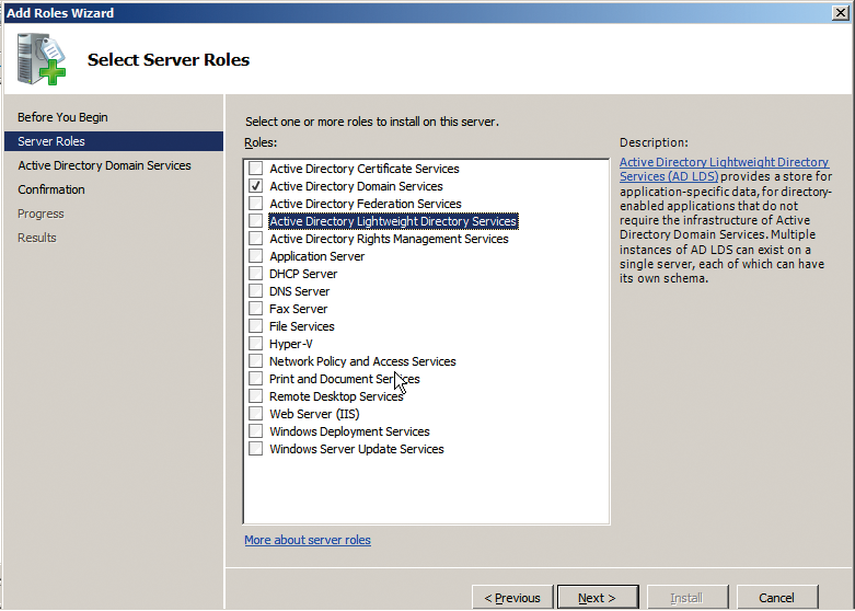 Selecting the server roles during the install. 