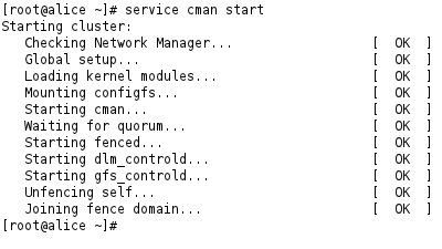The service cman start command launches Cman, which then launches Pacemaker as the cluster manager proper. 