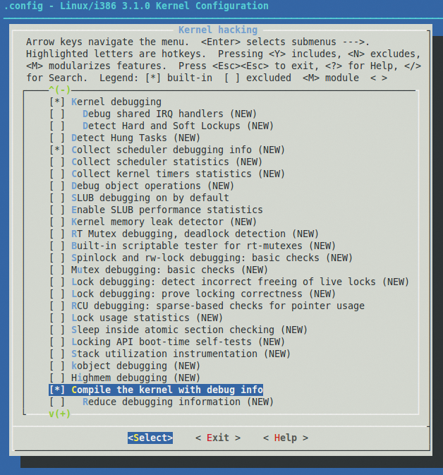 The kernel options required for debugging are located in the Kernel hacking menu. 
