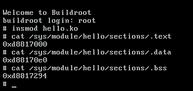 After logging in as root, load the kernel module in Qemu and determine the code and data segment addresses. 