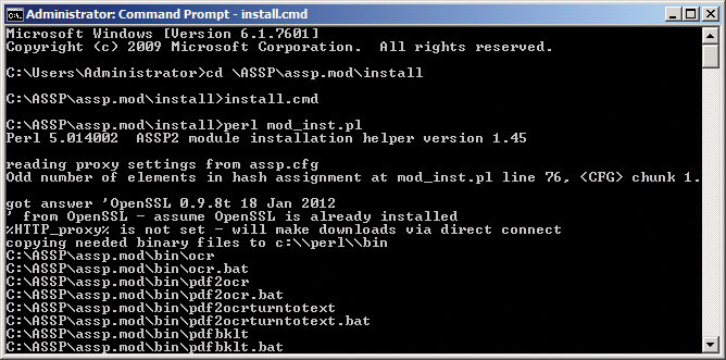 Installing ASSP at the command line on Windows Server 2008 R2. 