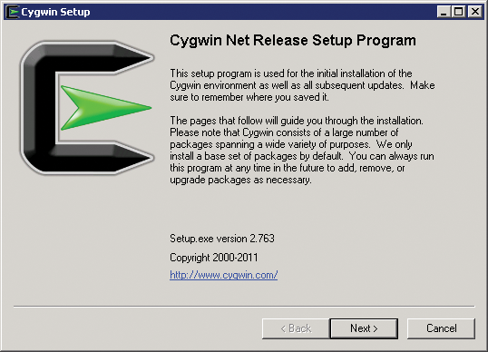 The Cygwin wizard start page. 