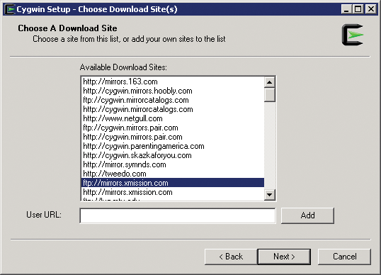 Choosing an available Cygwin download site. 