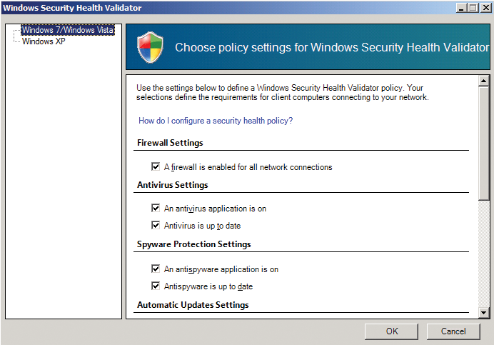 Administrators can define the security criteria the clients need to fulfill in this dialog. 