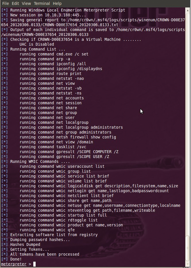 Dumping hashes and tokens with the winenum command in the meterpreter shell. 