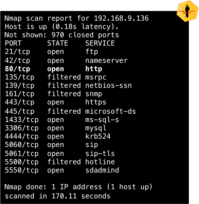 Visible ports (abridged) on a Linux web server with active HoneypotMe as revealed by nmap. 