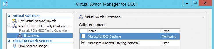 The plugins for virtual switches in Windows Server 2012 provide log and filter functions with the Windows Filtering Platform. 