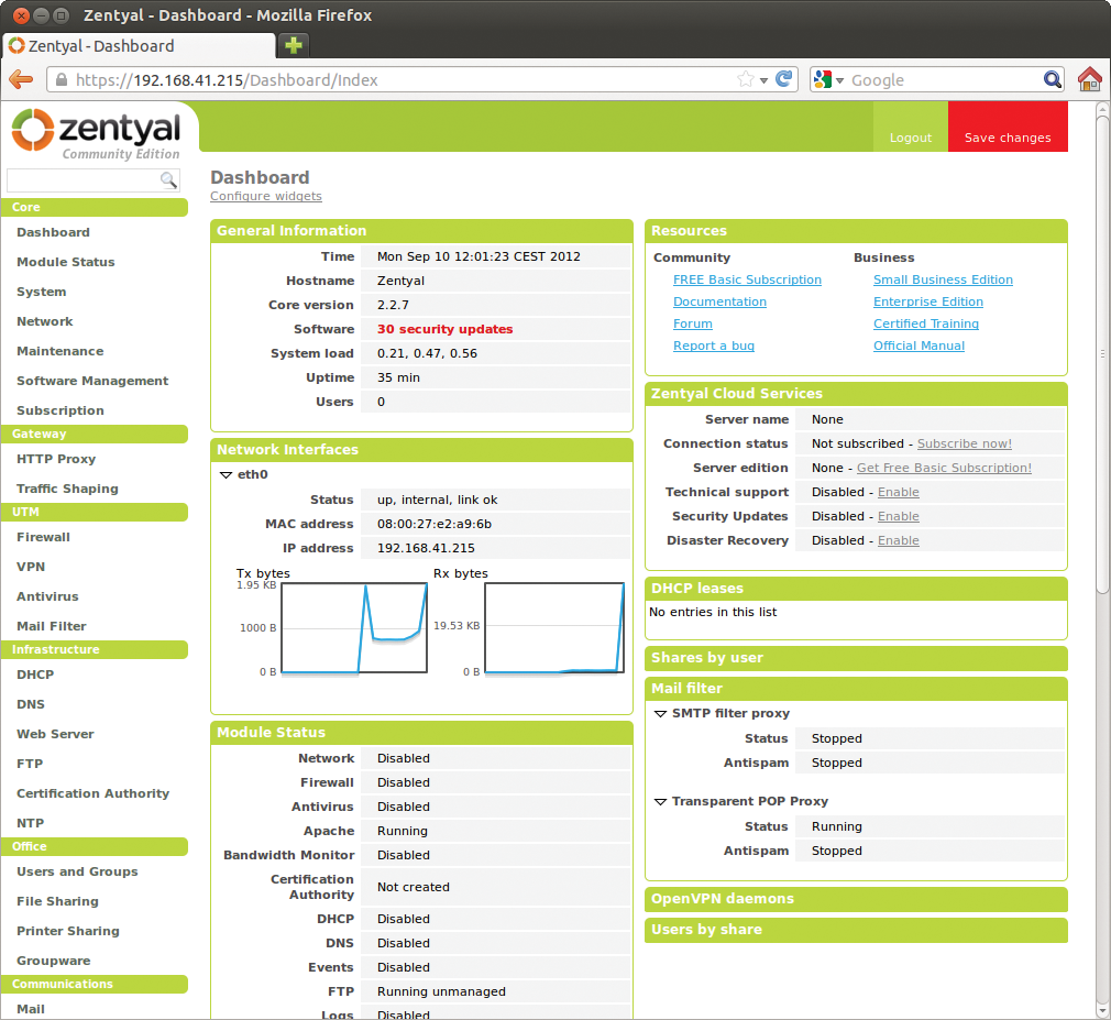 The dashboard shows an overview of the current status of the server and running services, and lets you control the services from here, too. 
