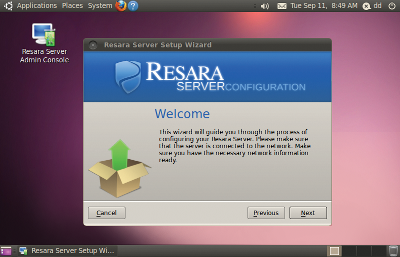 Resara boots up an ordinary Ubuntu desktop after the basic installation and starts the configuration wizard for the small business server. 