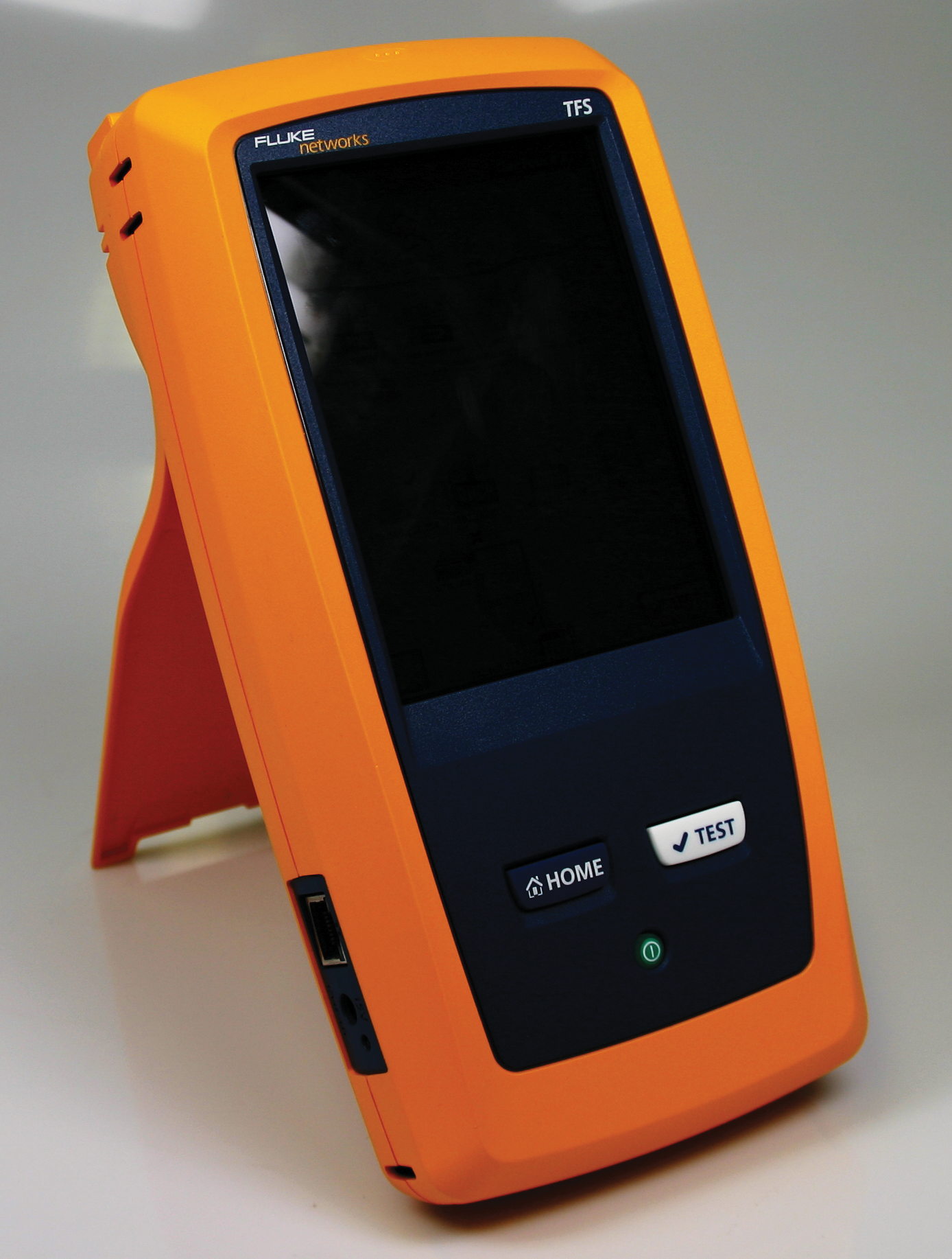 The OneTouch AT network tester by Fluke Networks. The device has a large touchscreen and needs a fan. 