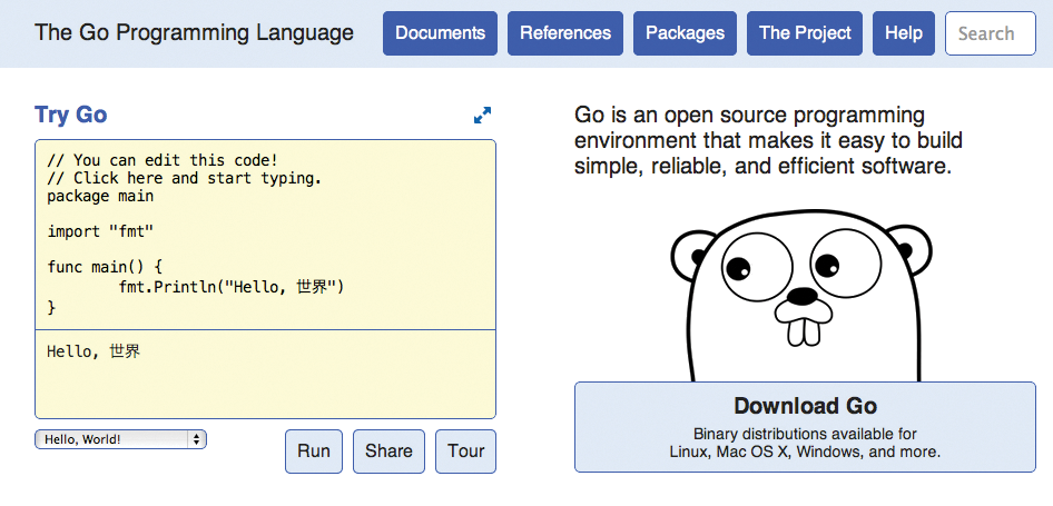 The Go website tour gives users a good first impression of the programming language. 