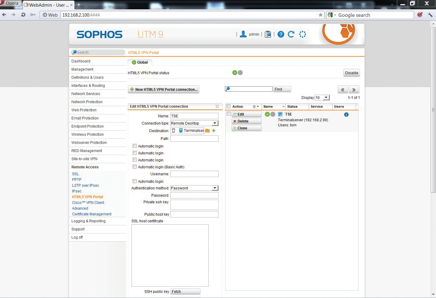 The new Sophos UTM 9.0 also offers an HTML5 portal for access to internal system resources in the browser. 