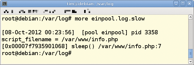 As this slow log reveals, a sleep() statement in info.php is preventing expeditious processing of the request. 