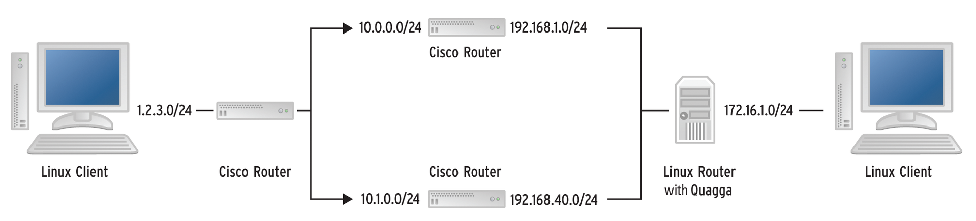 The sample network consists of two Linux clients, three software-simulated Cisco routers, and the Linux server with Quagga. 