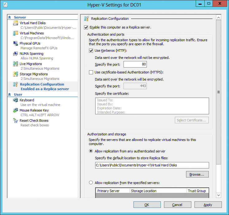 Enabling the replica configuration in Hyper-V. 