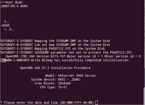 OpenVMS during the first boot after installation on the hard disk. 