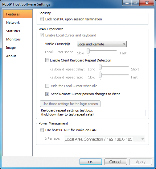 The optional host software adds a number of convenience functions on the remote workstation, such as changing the Wake-on-LAN settings for the network card and locking the host after the zero client logs out. 