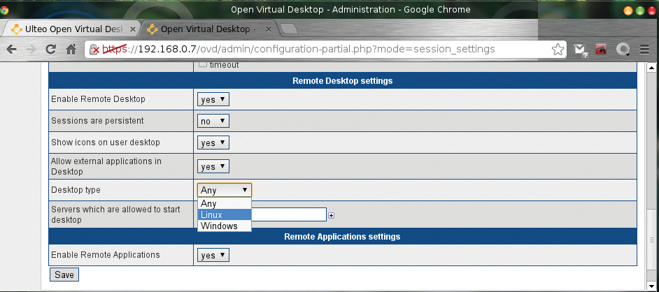 Remote desktop settings in OVD. 