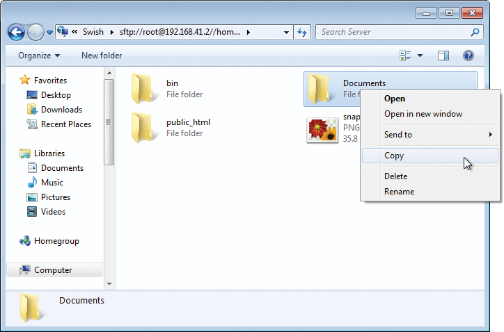 Copying with Swish is achieved by drag and drop or with the context menu (Copy or Send to). 