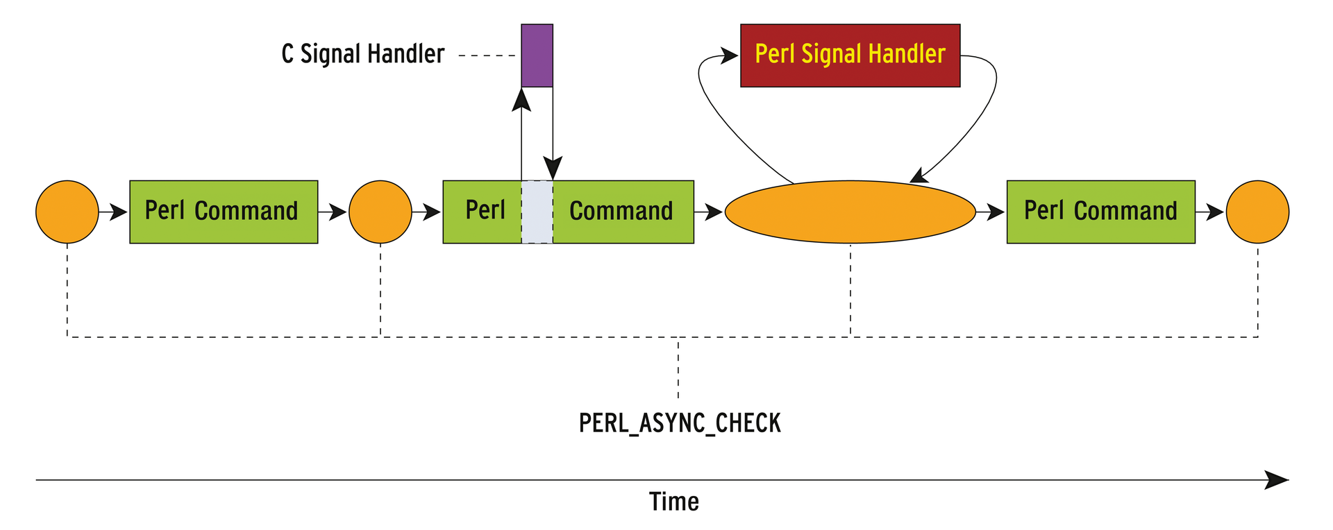 Secure Signals: The C signal handler only sets the flags. The Perl signal handler then runs separately later to avoid conflicts when accessing global variables. 