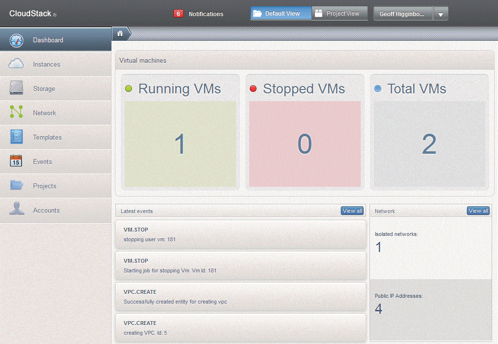 CloudStack offers an end user web interface to manage VMs running within the cloud environment. 